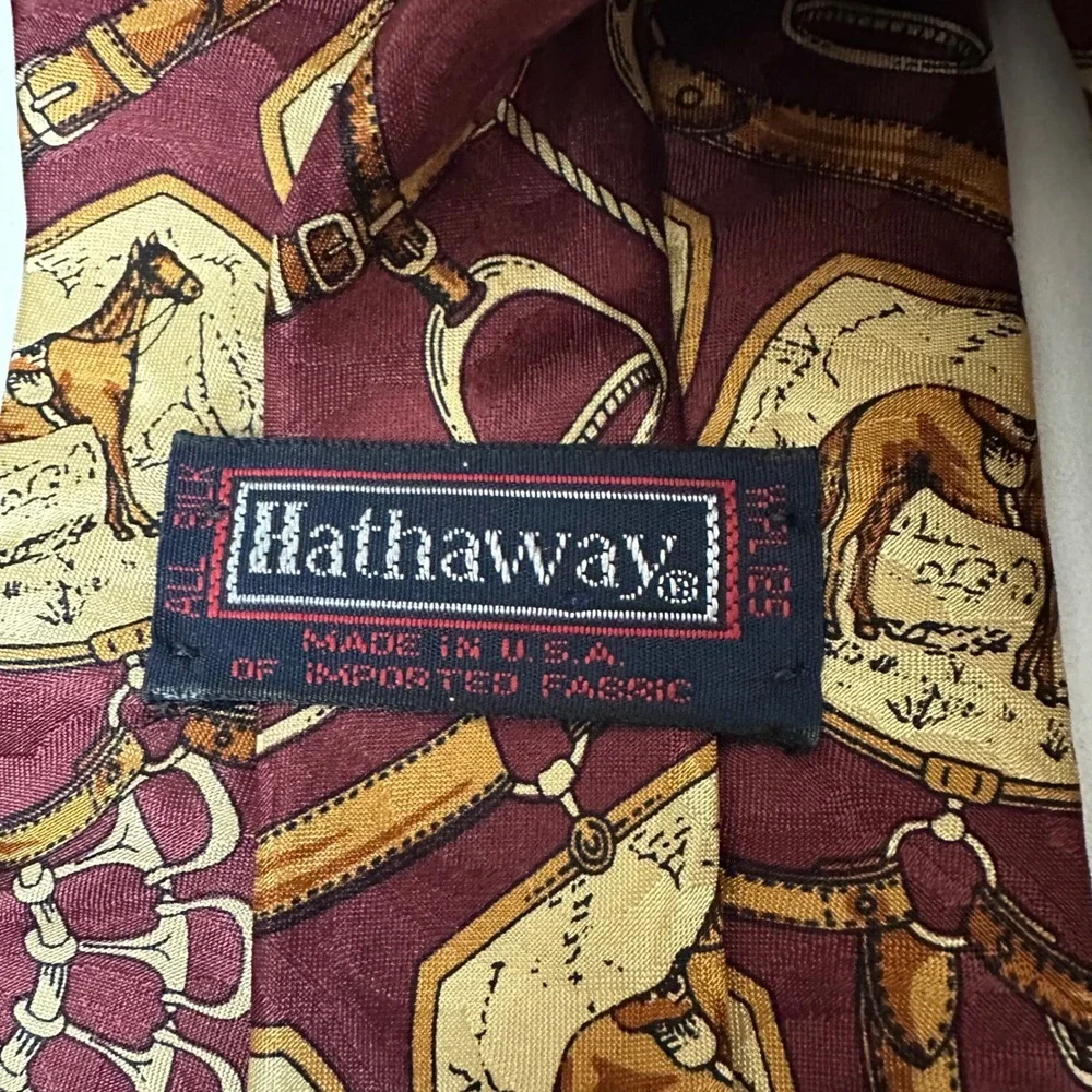 Hathaway Mens Silk Necktie Burgundy Equestrian Horse Stirrup Made in USA
